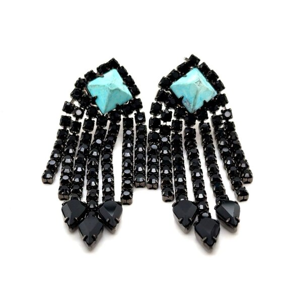 Pyramid Turquoise Black Rhinestones Drop Earrings - Picture 1 of 6